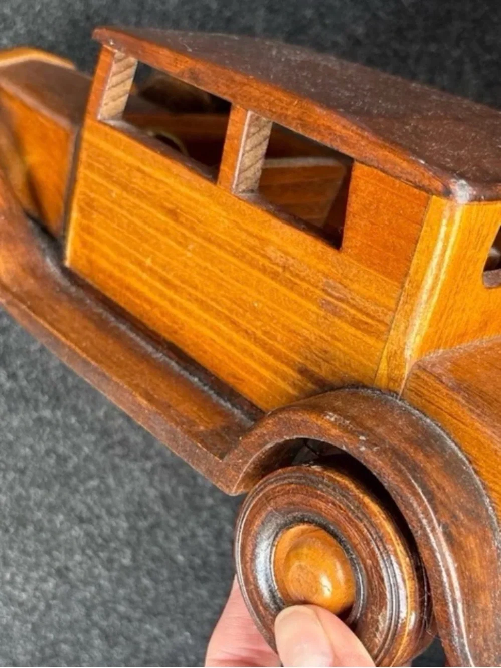 Vintage Handmade Wooden Model T Sedan Car: Two-Tone Artisan Folk Art Toy